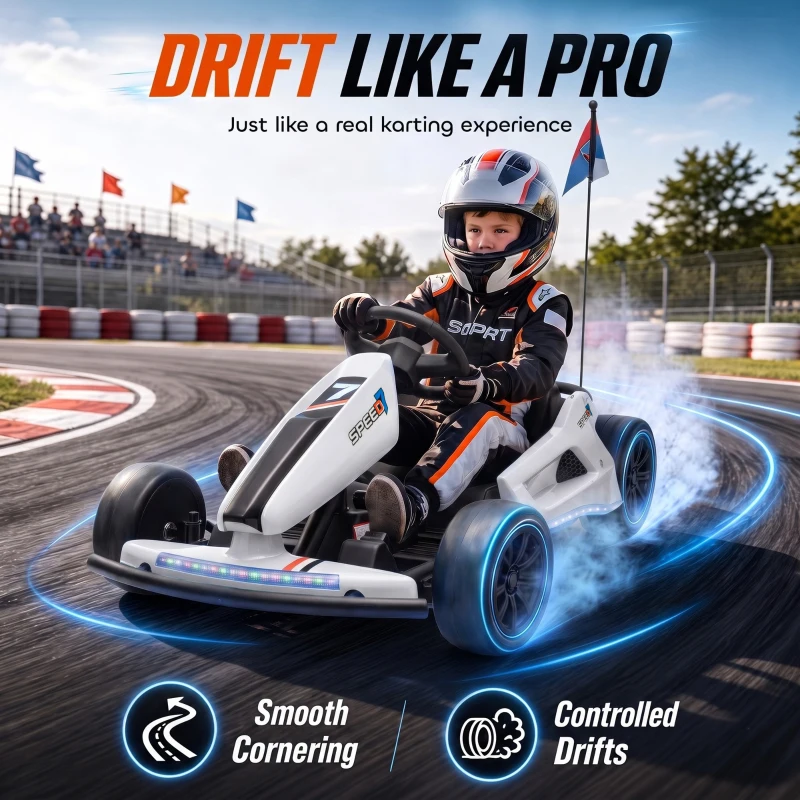 AIYAPLAY 24V Electric Drift Go Kart for Kids with Dual Motors, Soft Start, 12 KM/H High Speed, Headlight, for Ages 6-14, White
