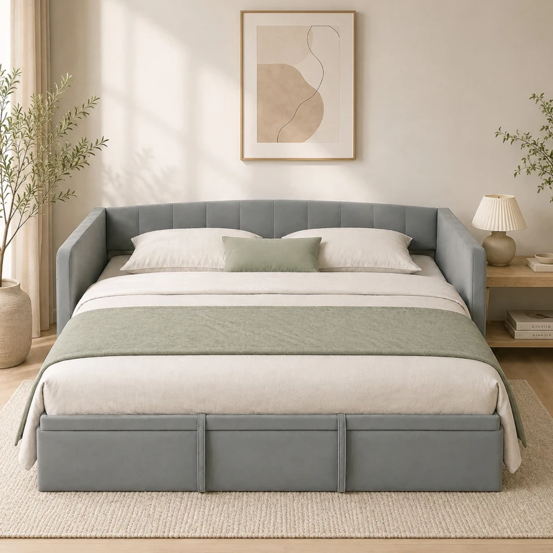 HOMCOM Letto Divano 3 Posti con Lettino Estraibile Convertibile in Letto Matrimoniale,205x186x75 cm, Grigio Chiaro