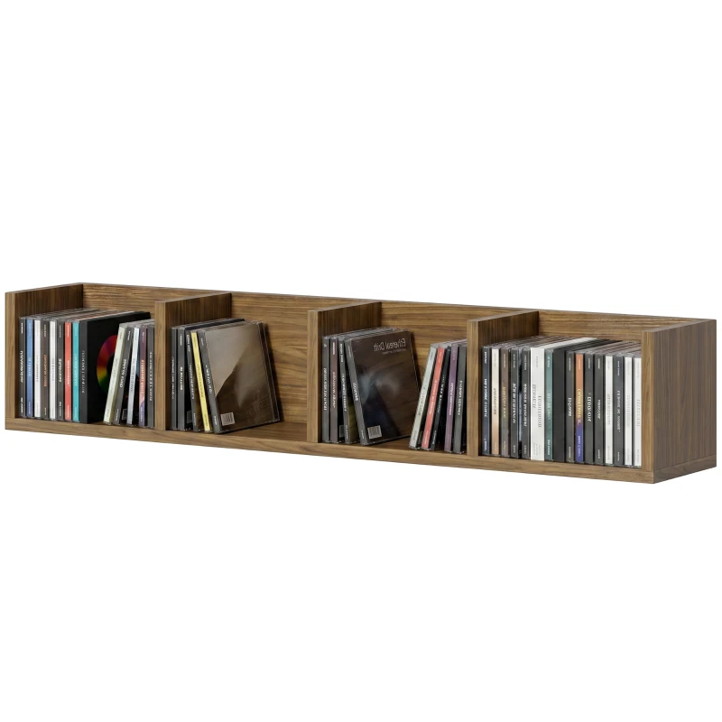 HOMCOM Wall Mount 84 CD / 56 DVD/Blu-ray/ Media Storage Rack 4 Cubes Wooden Shelf Organizer Unit Bookcase Display, Walnut