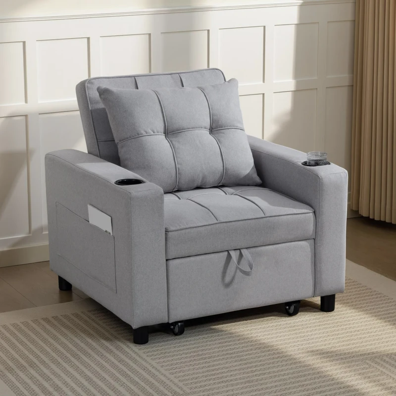 HOMCOM 3-in-1 Single Sofa Bed, Convertible Sleeper Chair Bed - Light Grey