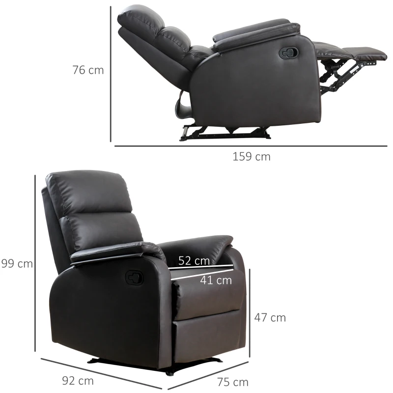 HOMCOM Sillón Relax Reclinable Manual, Sillón Relax Tapizado en PU con Reposapiés Retráctil, Acolchado Grueso, Butaca Reclinable hasta 160º, para Salón, Dormitorio, Marrón, 75x92x99 cm