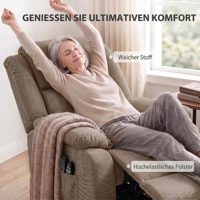 HOMCOM TV-fauteuil met massage- en verwarmingsfunctie, elektrische sta-opstoel, afstandsbediening, zijvakken, lichtbruin
