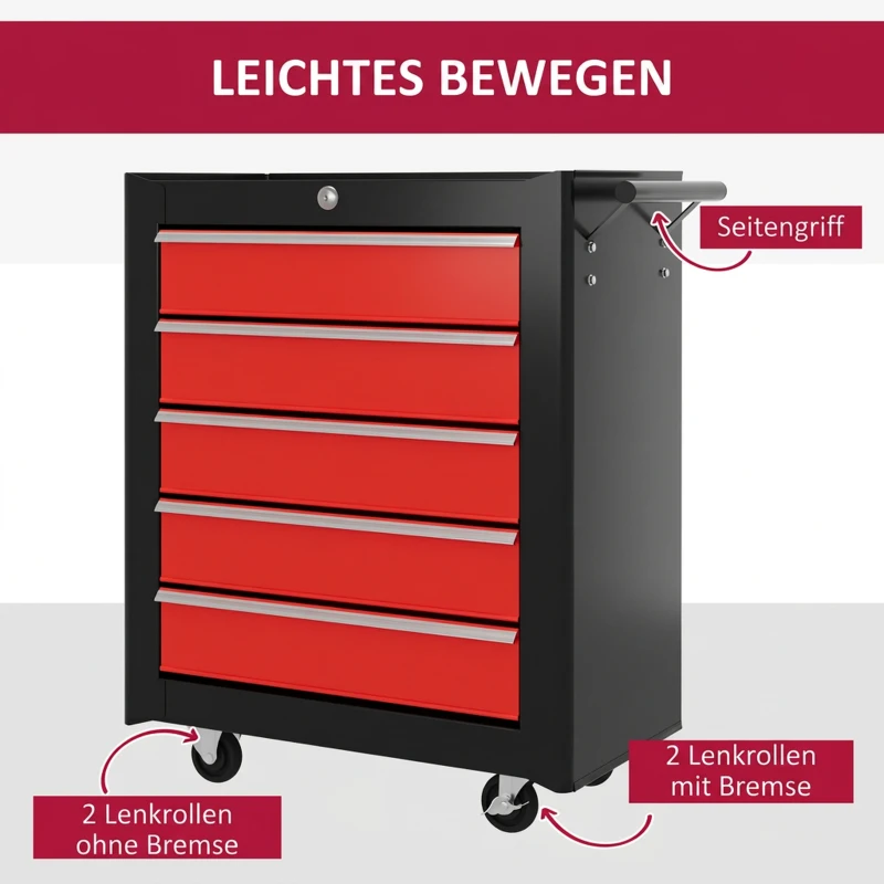 HOMCOM gereedschapskist, gereedschapskast, verrijdbaar, 5 lades, plaatstaal, zwart/rood