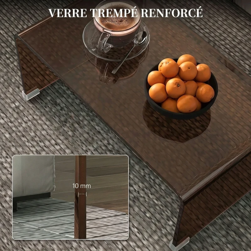 HOMCOM Table Basse en Verre, Table de Salon Rectangulaire Design Moderne avec Bords Arrondis Sûrs, Marron Transparent