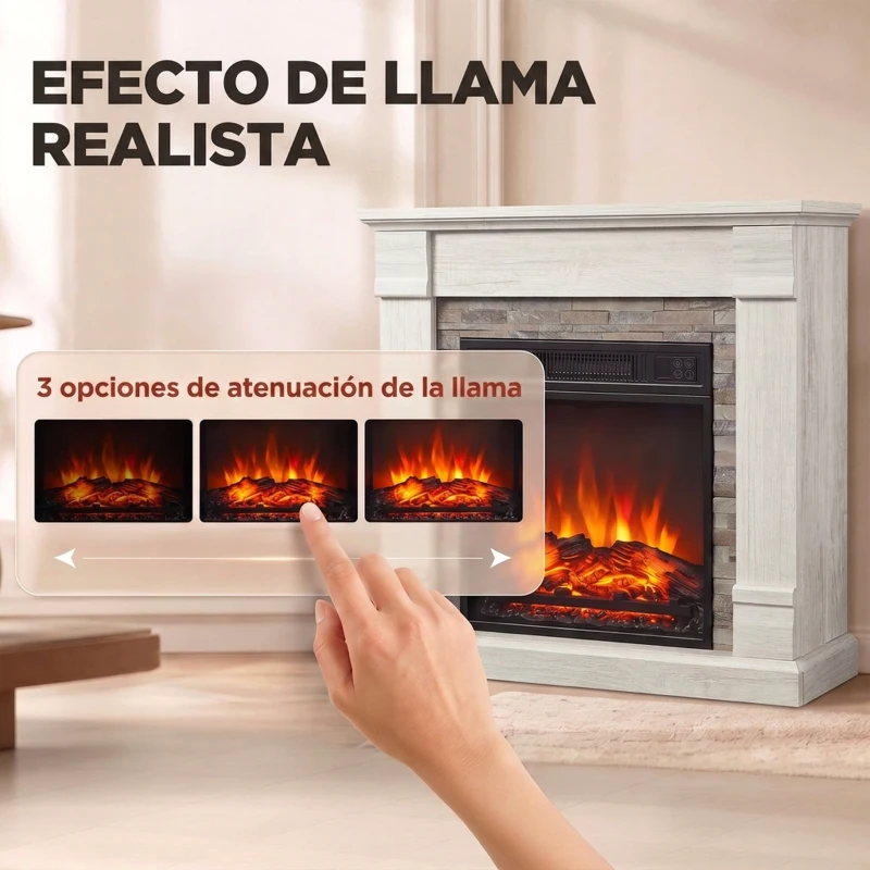 HOMCOM Chimenea Eléctrica Decorativa 1800W con Efecto de Llama de 3 Brillos Termostato Temporizador Mando a Distancia Natural