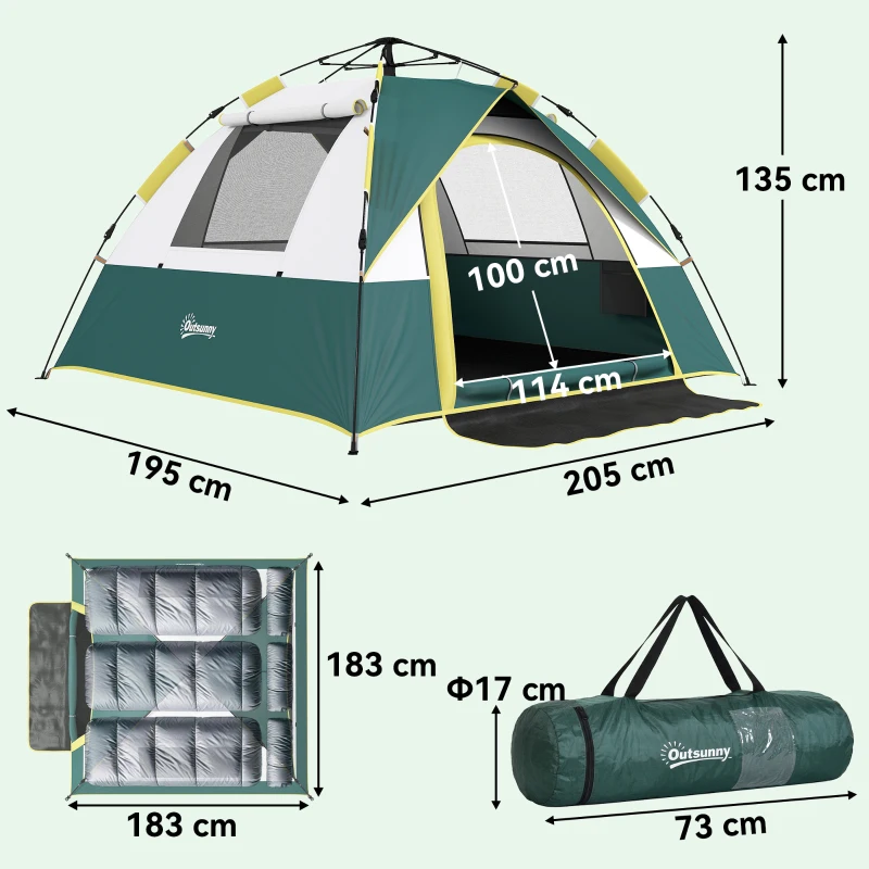 Outsunny Tenda da Campeggio 2 Posti con Apertura Automatica, Tasche Interne e Tappetino, 205x195x135 cm, Verde Oliva