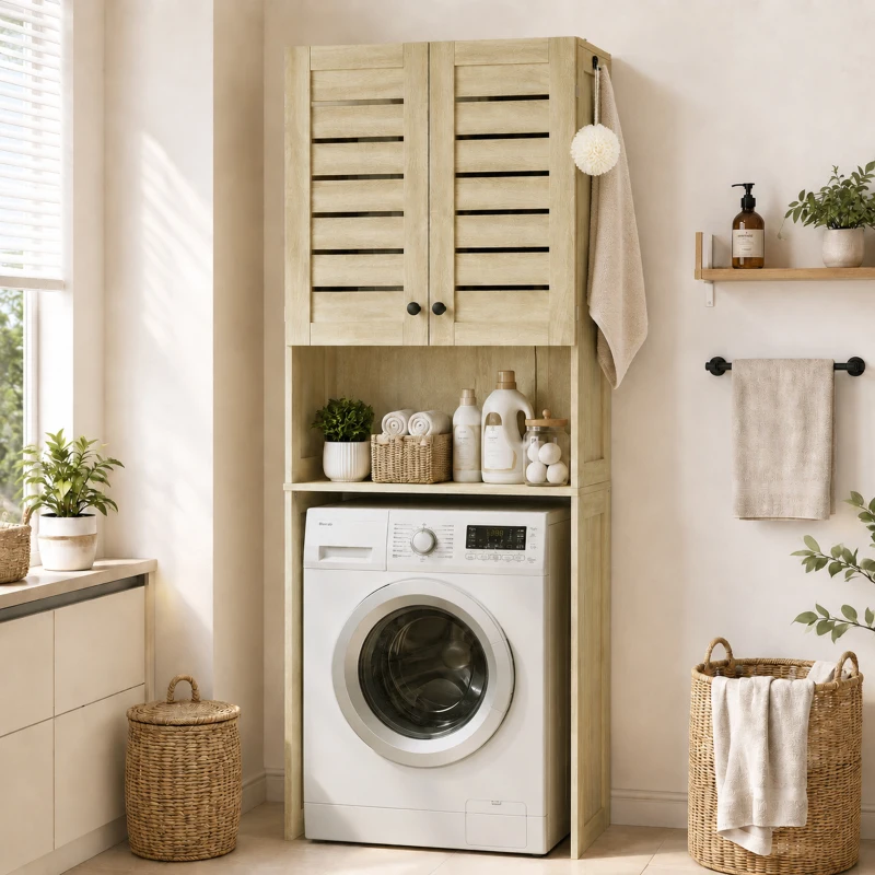 HOMCOM Corp deasupra WC-ului pentru toaletă/mașină de spălat cu dulap cu uși duble, uși cu jaluzea, 67x31,5x190 cm, stejar