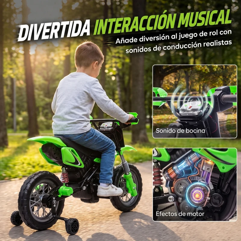 AIYAPLAY Moto Eléctrica Niños 12V con 2 Ruedas Auxiliares Desmontables 2 Motores Suspensión Trasera 3 km/h 3-6 Años Verde