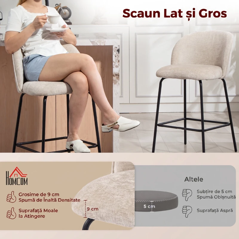 HOMCOM Set 2 Scaune de Bar din Chenille, 68 cm, cu Spătar și Suport pentru Picioare, Cadru din Oțel, Bej