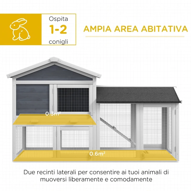 PawHut Conigliera Gabbia per Conigli in Legno da Esterno con Casetta, Spazio Aperto Recintato e Tetto 147x54x84cm Bianco