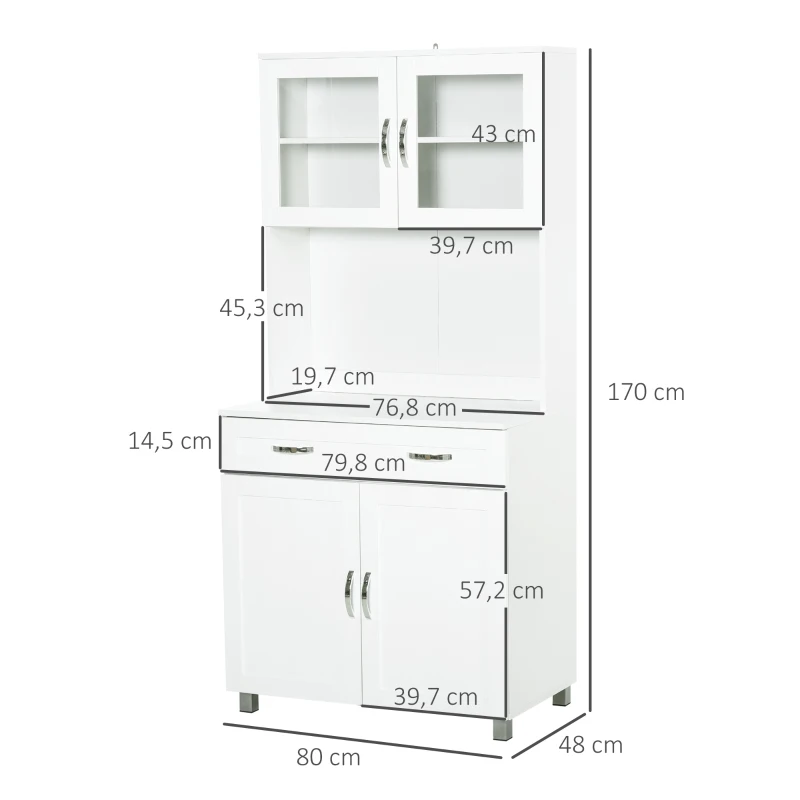 HOMCOM Mueble Aparador auxiliar de Cocina Alacena Armario de Comedor con Estantes Interiores Ajustables y Cajón 80x48x170 cm Blanco