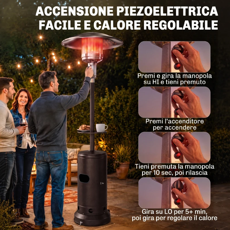 Outsunny Fungo Riscaldante a Gas 13kW, con Ruote e Tavolino, Marrone
