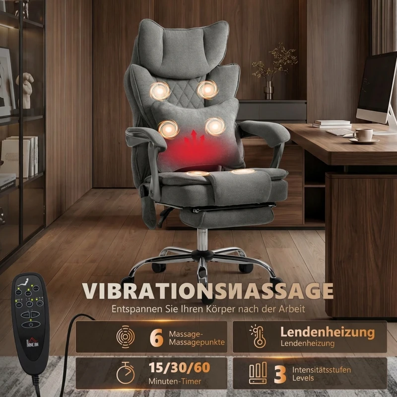 HOMCOM Verstelbare bureaustoel met massage en warmte, linnenlook, lendensteun, brede zitting, grijs, tot 180 kg
