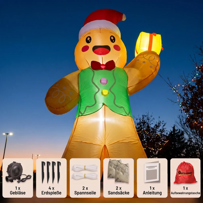 Outsunny Aufblasbarer Weihnachts-Lebkuchenmann, 250 cm, mit Geschenkbox und LEDs, für außen
