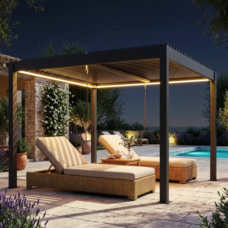Outsunny 3 x 3 m Louvered Pergola with LED Lights, Metal Louvres, Aluminium Patio Gazebo Pergola, Dark Grey