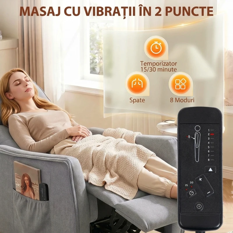 HOMCOM Fotoliu cu Masaj Reclinabil Manual, Țesătură cu Efect de In Telecomandă, Gri Deschis