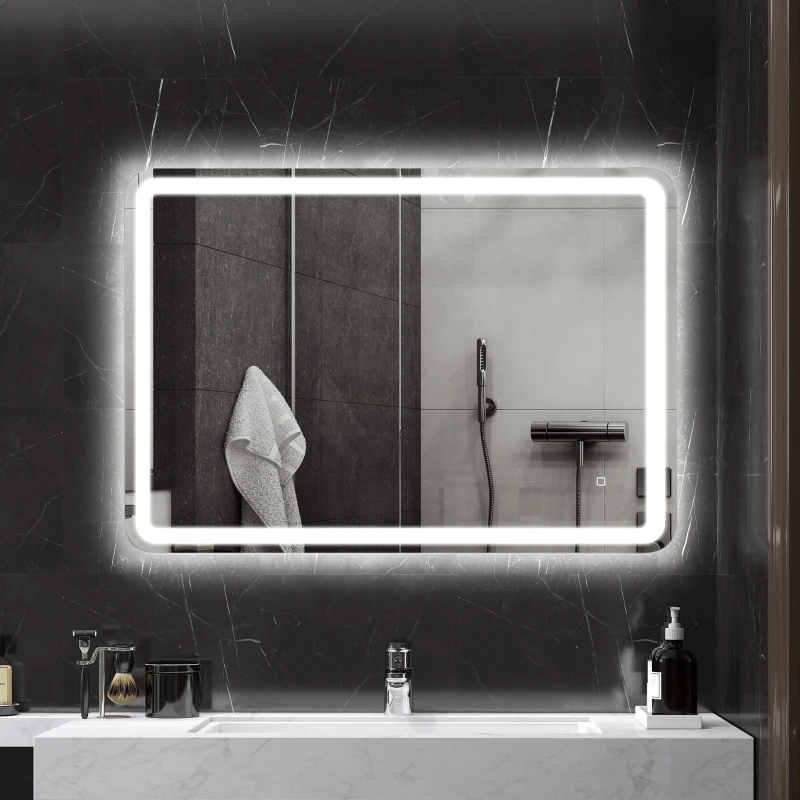 HOMCOM Espejo de Baño con Luces LED 70x100 cm 3 Colores de Luz Brillo Regulable Función Antivaho Función de Memoria IP44