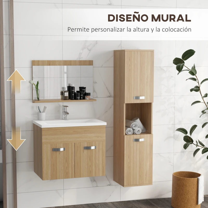 kleankin Conjunto de Muebles de Baño de Pared 4 Piezas Incluye Espejo Armario con Lavabo Cerámico y Columna de Baño Natural