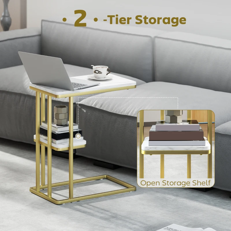 HOMCOM C-Shaped Narrow Side Table, 2-Tier Slim End Table, Nightstand for Small Spaces, Living Room, Bedroom, White Marble Grain