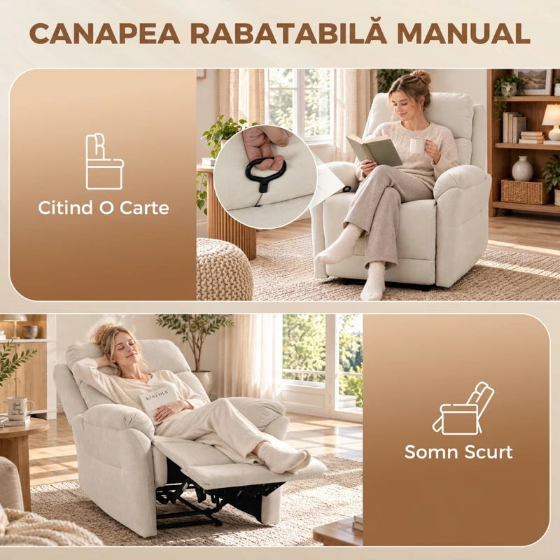 HOMCOM Fotoliu Reclinabil Manual Compact cu Suport pentru Picioare, Catifea Crem