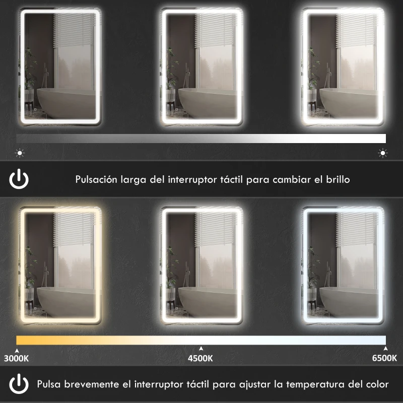 HOMCOM Espejo de Baño con Luces LED 70x100 cm 3 Colores de Luz Brillo Regulable Función Antivaho Función de Memoria IP44