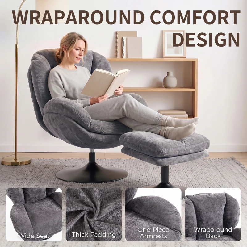 HOMCOM Modern Chenille Lazy Chair with Ottoman, 360° Swivel, Upholstered Reading Seat Set for Living Room, Dark Grey