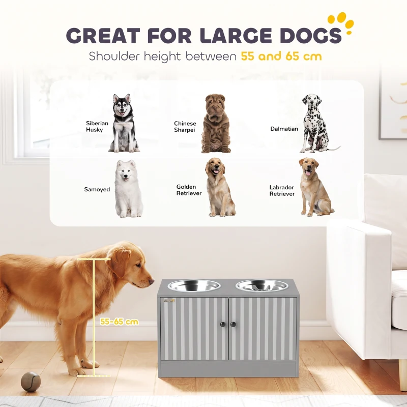 PawHut Gamelle Chien Surélevée Meuble d'Alimentation Rangement 40L 2 Bols Inox 2L 1 Gamelle Anti-Glouton 60x30x35,5cm Gris