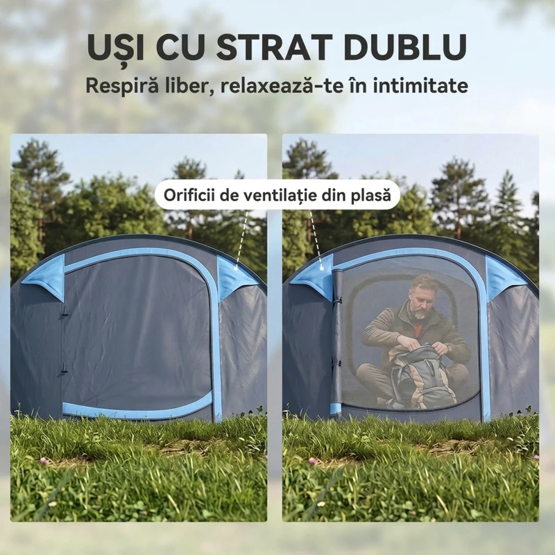 Outsunny Cort de Camping Pop Up pentru 2 Persoane cu 2 Uși, 4 Ferestre și Înveliș Impermeabil, 263.5x220x123 cm, Verde