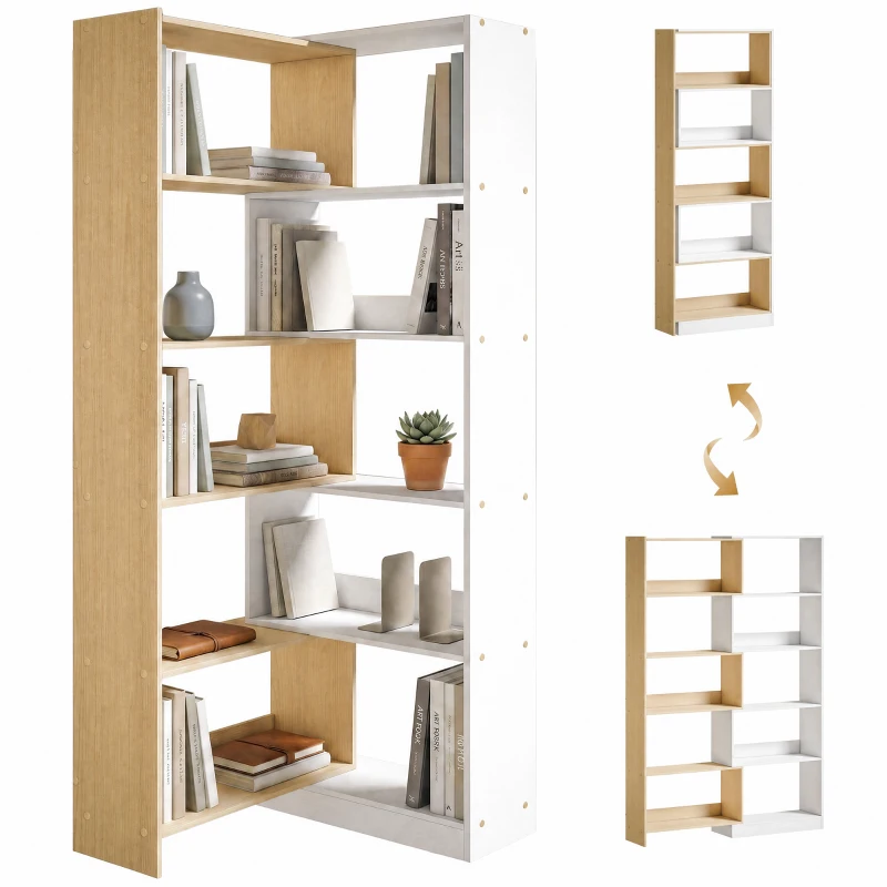 HOMCOM Bibliotecă de Colț cu 5 Polițe, Design Rotativ 350°, Lemn/Alb