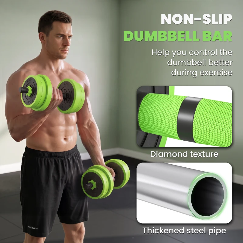 SPORTNOW 20kg Four-In-One Adjustable Weight Dumbbells Set, Barbell, Kettlebell, Push Up Stand - Green