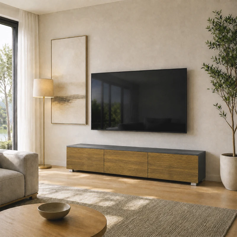 HOMCOM Meuble TV Suspendu ou sur Pied 160 cm pour Téléviseur 65 Pouces, Porte à fermeture, Passe-câbles, Noyer