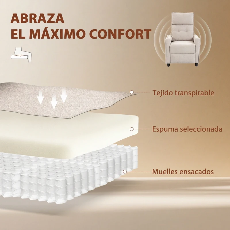 HOMCOM Sillón de Masaje Reclinable con Reposapiés 2 Zonas de Masaje Asiento de Muelles Bolsillos Tapizado en Lino Crema
