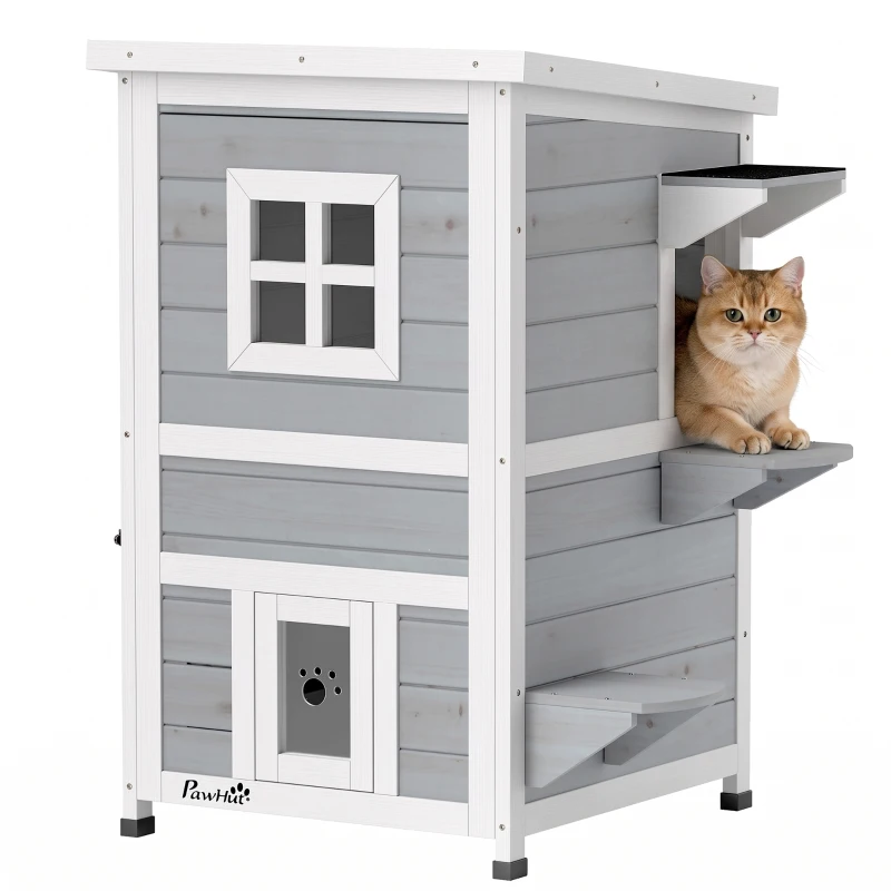 PawHut Maisonnette pour chats sur 2 étages en bois intérieur et extérieur toit rabattable 51 x 51 x 81,3 cm blanc et gris