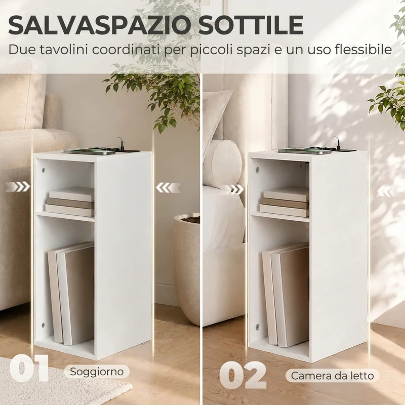 HOMCOM Set 2 Tavolini da Salotto Moderni con Ripiani Aperti, 2 prese AC e 2 porte USB, Bianco