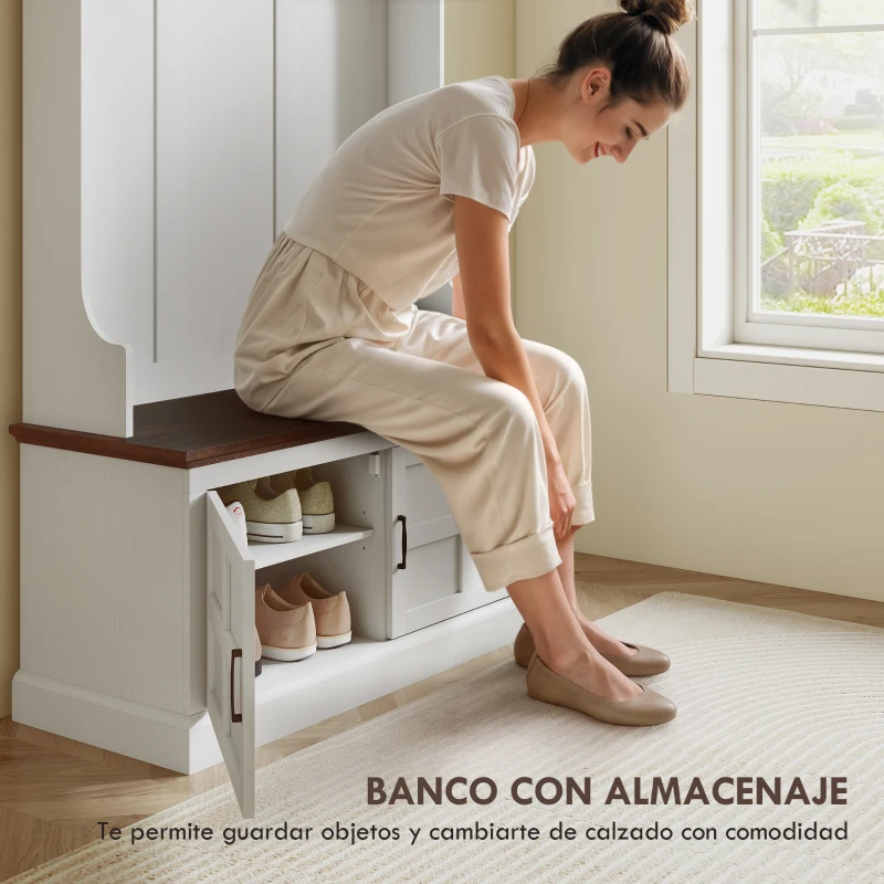 HOMCOM Perchero Zapatero con Banco Zapatero Ganchos Estantes y Compartimentos para Entrada Pasillo Salón 105x40x180 cm Blanco