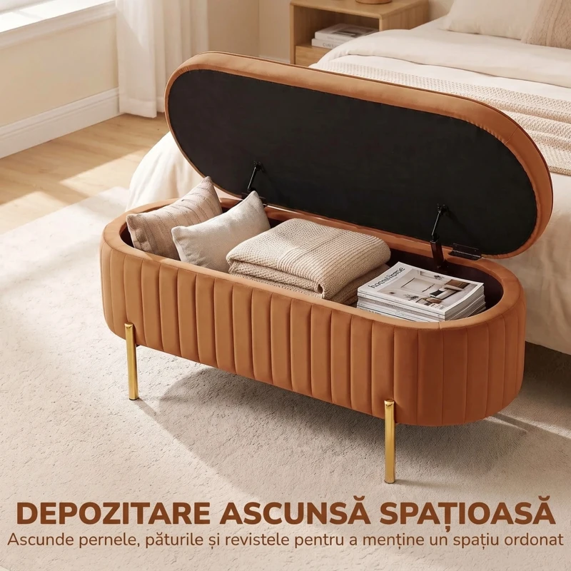 HOMCOM Banchetă Ovală cu Depozitare 72 L, cu Capac Rabatabil, din Material Catifelat și Lemn, 108x44x43,5 cm, Maro Auriu