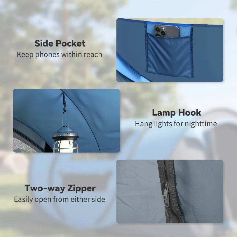 Outsunny 3 Person Pop-up Camping Tent, Family Dome Tent with Ground Sheet, 4 Windows and Portable Carry Bag for Beach Outdoor Trip, Sky Blue