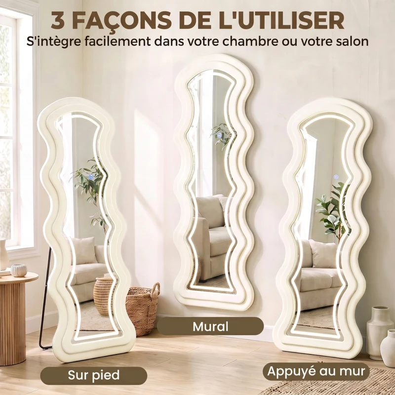 HOMCOM Miroir Pleine Longueur Ondulé 160 x 60 cm, LED 3 Couleurs, Cadre Effet Velours, Verre Trempé HD, Crème