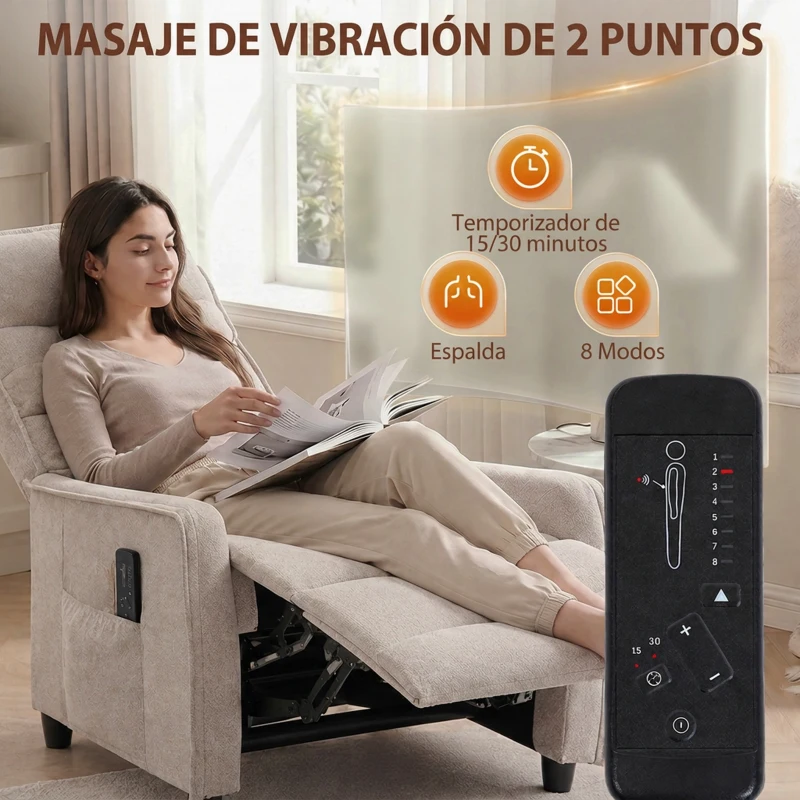HOMCOM Sillón de Masaje Reclinable con Reposapiés 2 Zonas de Masaje Asiento de Muelles Bolsillos Tapizado en Lino Crema