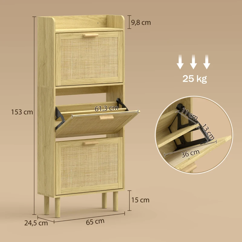 HOMCOM Sapateira com 3 Gavetas Rebatíveis e Prateleira Aberta para 12-18 Pares de Sapatos 65x24,5x153 cm Carvalho