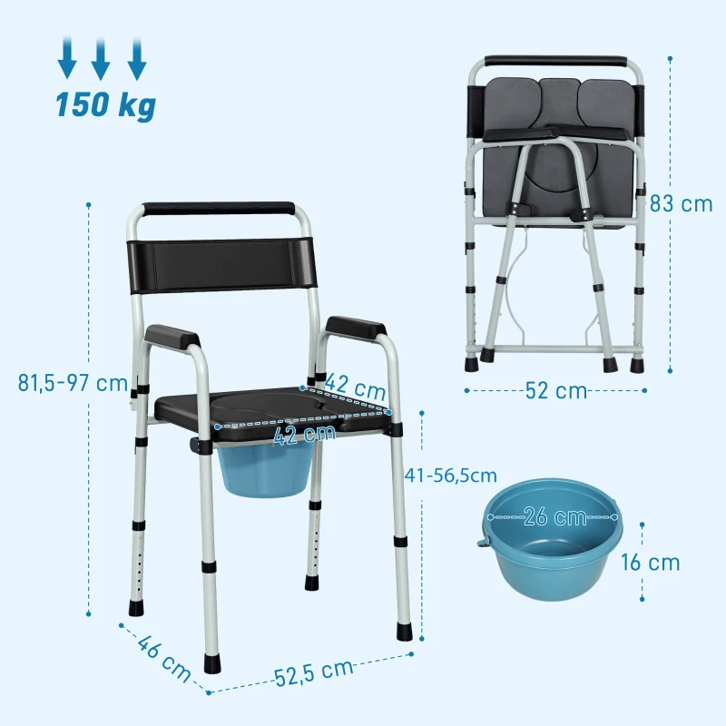HOMCOM Sedia WC Pieghevole e Regolabile con Braccioli e Schienale, in Acciaio e Pelle PU, 52.5x46x81.5-97 cm, Nero