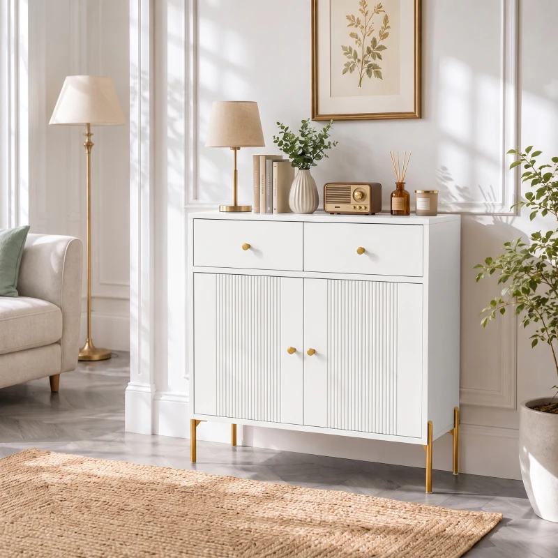 HOMCOM Bufet pentru living, mobilier de depozitare cu 2 uși, 2 sertare, rafturi reglabile și picioare metalice, 80 x 39 x 86 cm, Alb