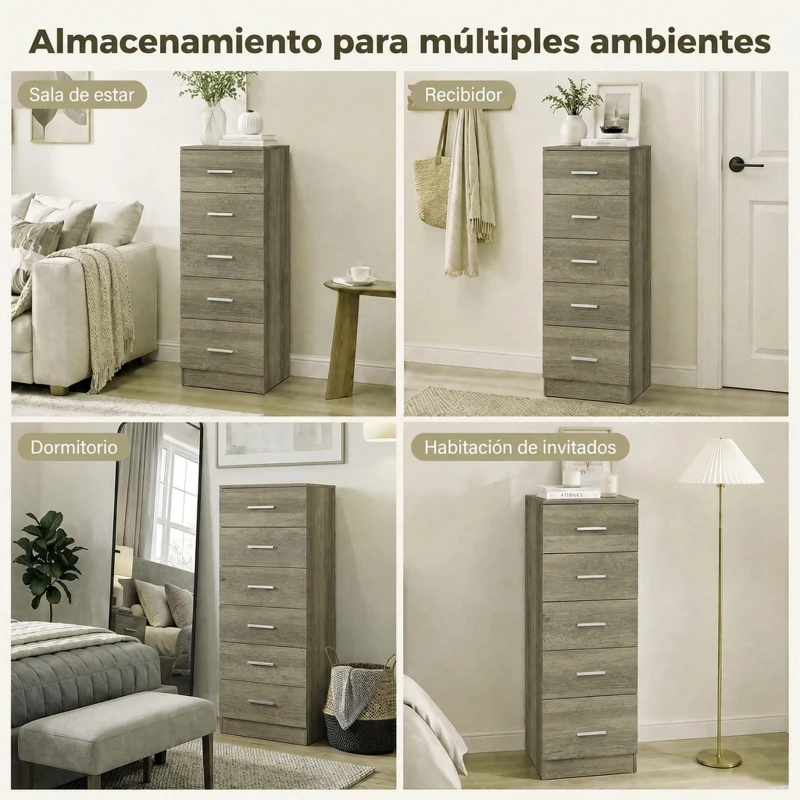 HOMCOM Cómoda de 6 Cajones Cajonera Alta para Dormitorio con Antivuelco 40x40x110 cm Gris Claro