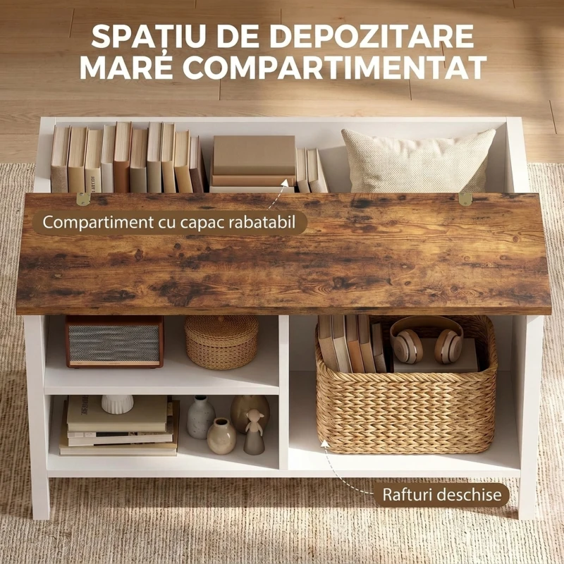 HOMCOM Cufăr de Depozitare 80x60x40 cm, cu Capac Rabatabil, Rafturi Deschise și Compartiment Ascuns, Maro Rustic