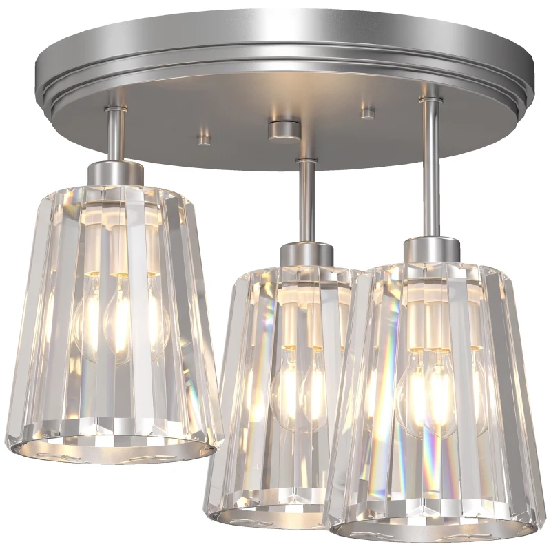 HOMCOM Plafonieră LED din Cristal cu 3 Lumini, Dulii E27, fără Becuri, pentru Living, Argintie