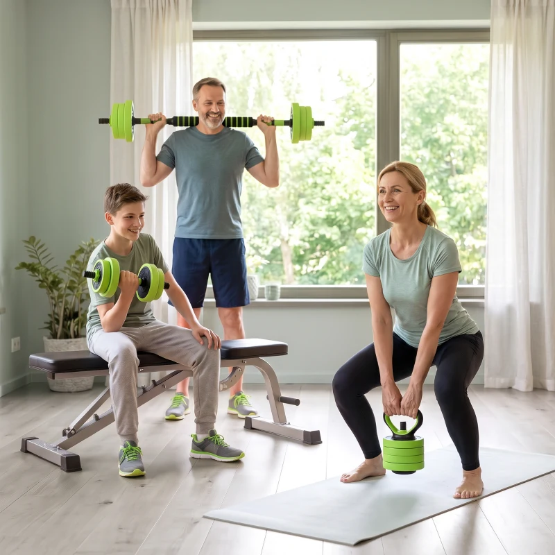 SPORTNOW Set de Greutăți 4 în 1 de 20 kg, convertibil în kettlebell, 2 gantere, bară și suport pentru flotări, verde