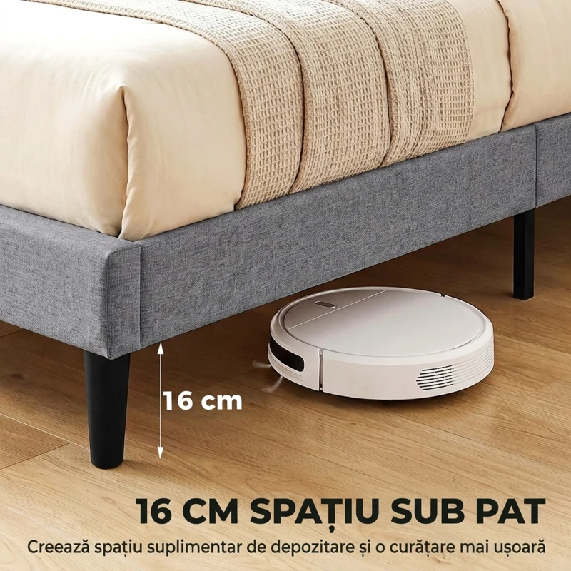 HOMCOM Cadru de Pat Matrimonial Tapițat, cu Tăblie Matlasată din In, Gri