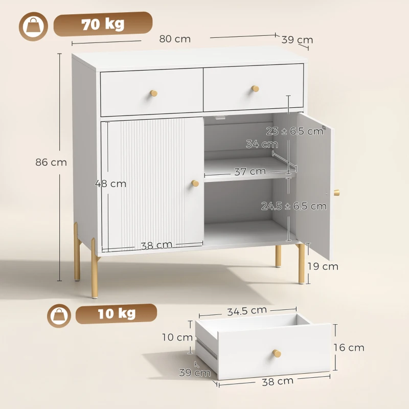 HOMCOM Bufet pentru living, mobilier de depozitare cu 2 uși, 2 sertare, rafturi reglabile și picioare metalice, 80 x 39 x 86 cm, Alb