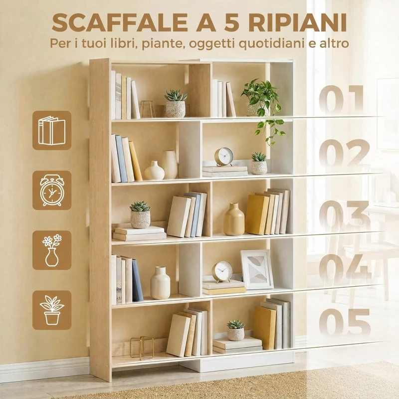 HOMCOM Libreria Angolare a 5 Ripiani dal Design Modulabile e Salvaspazio, in Legno, 67x67x163.7 cm, Multicolore