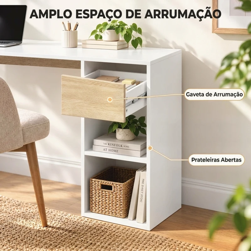 HOMCOM Secretária de Canto em L 120x110 cm com Gaveta e 2 Prateleiras, Branco e Natural
